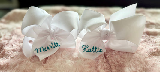 White Embroidered Girls Hair Bow